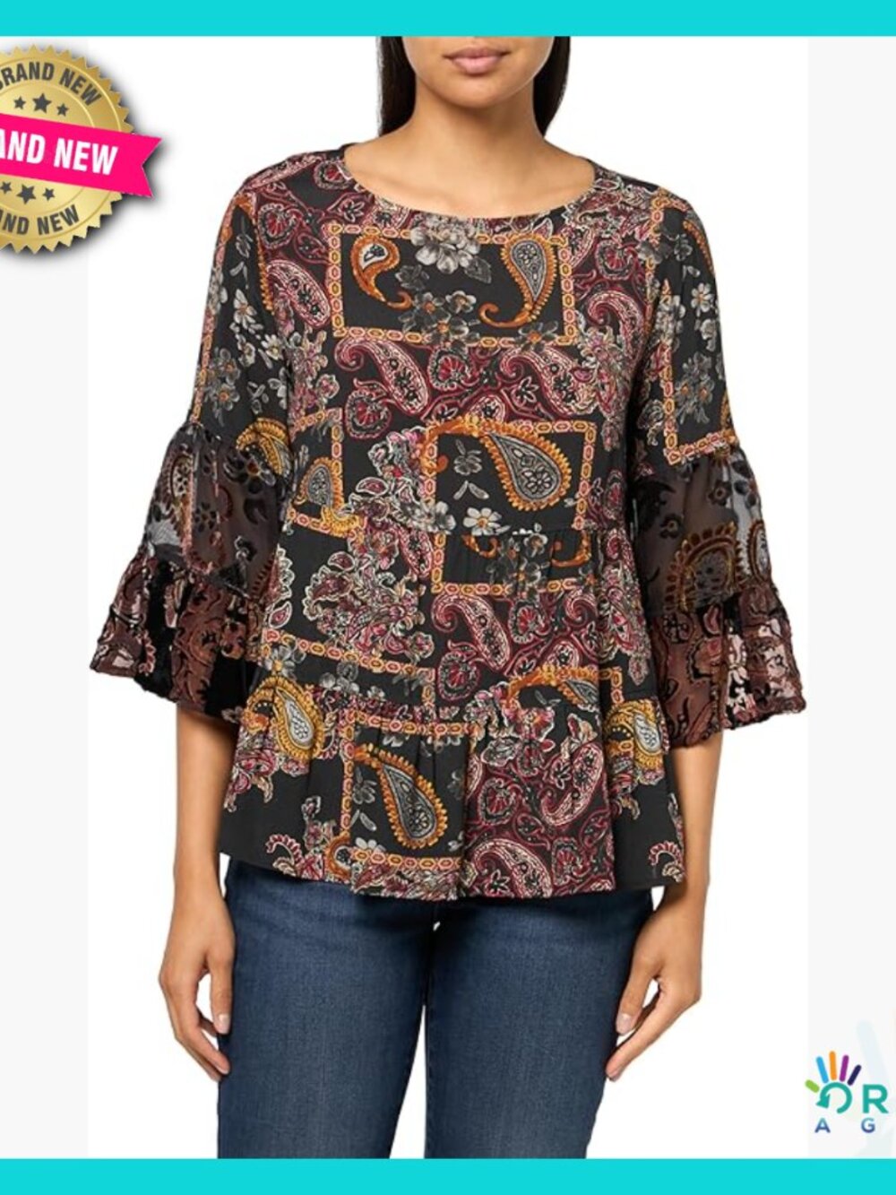 Mix Media Tiered Ruffle Top Three Quarters Flounce Sleeves Chic Elegant